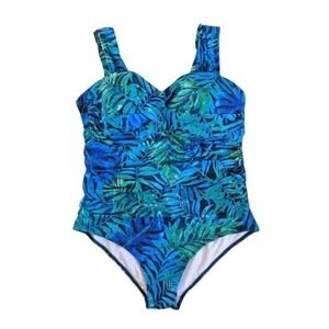 Yonique Tropical Leaf Ruched Tummy Control One Piece Swimsuit Blue Green 16W